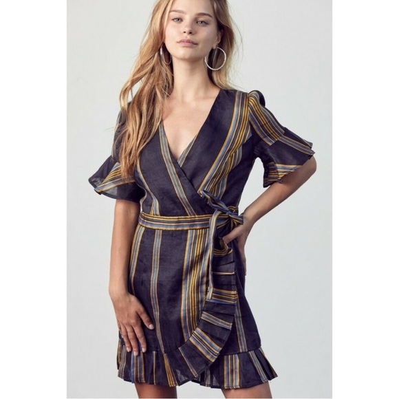 Honey Punch Linen Black Striped Ruffled Mini Wrap Dress Puff Sleeve NWT Boho S - Picture 3 of 16